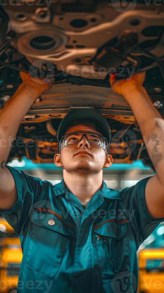 Focused mechanic repairing vehicle from underneath photo