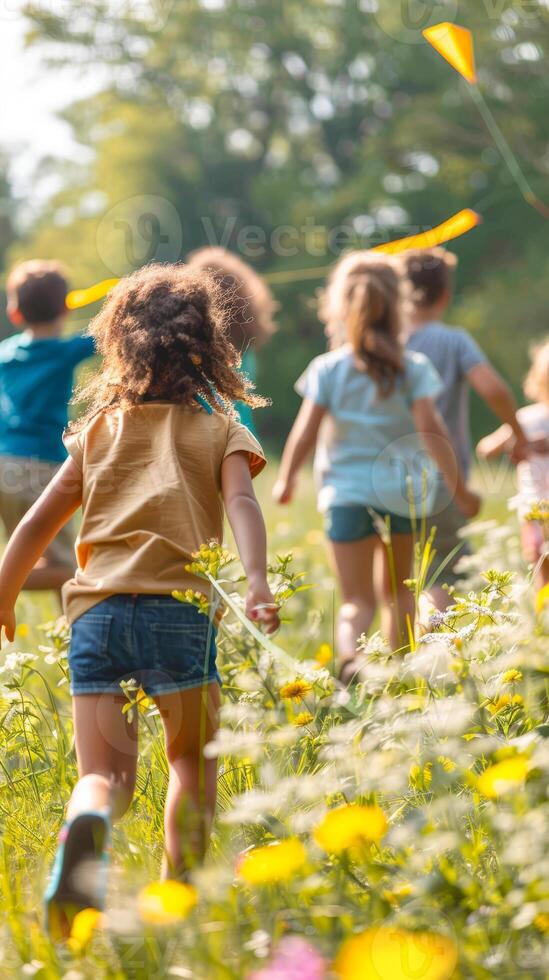 Children playing in a sunny meadow with kites photo