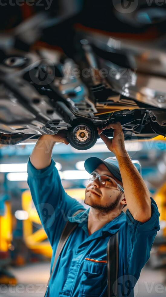 Auto technician working on car's undercarriage photo
