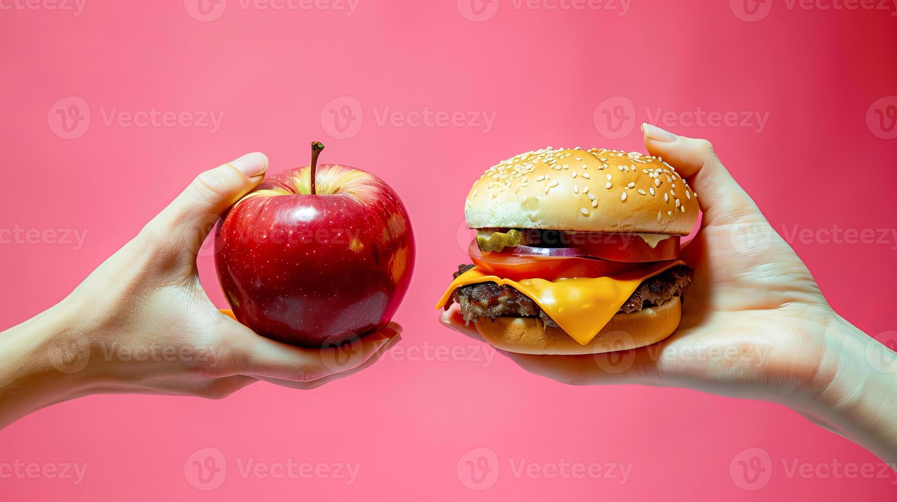 Close-up of hands holding an apple and a burger side by side photo
