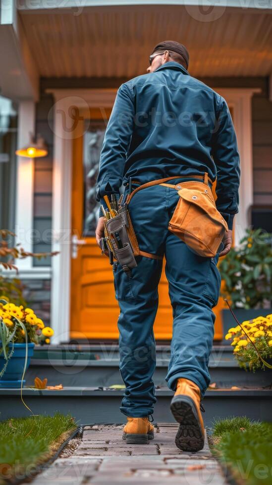 Technician approaching a front door with tool belt photo