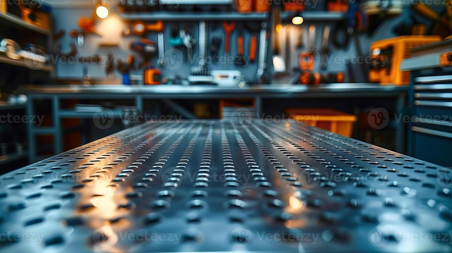 Metal workshop table with tools in background, focus on table photo