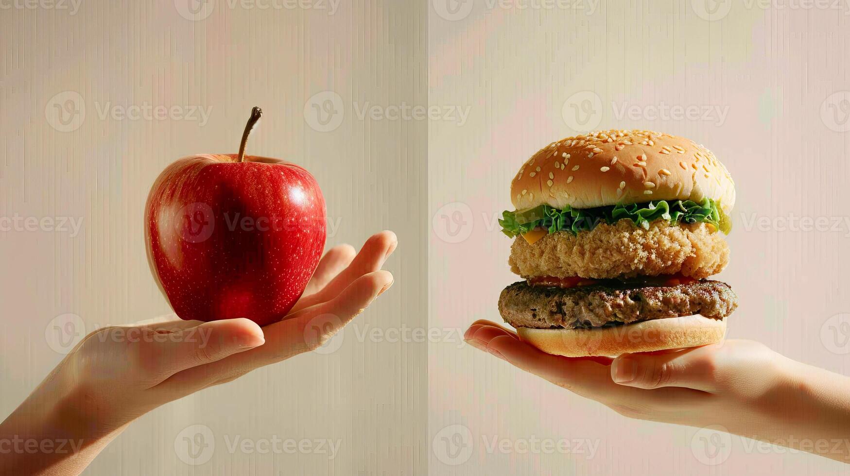 Red apple and delicious burger held in hands against a pink background photo