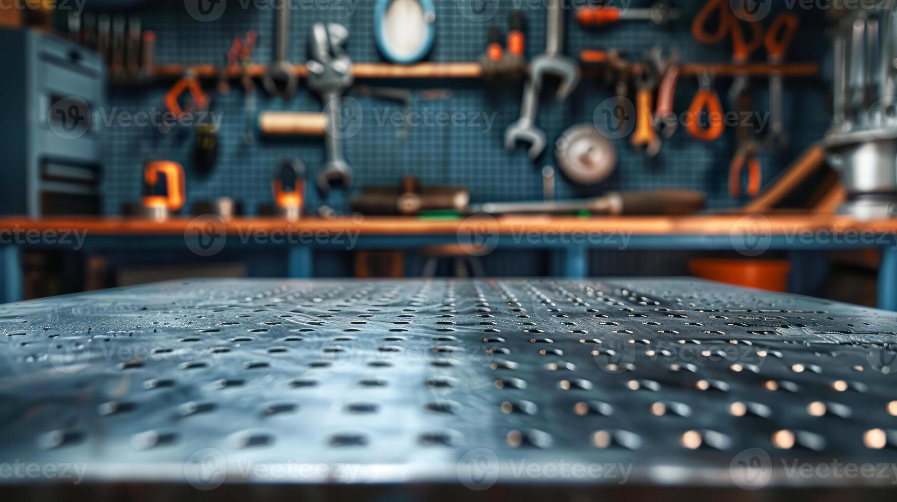 Close-up of metal table in a workshop setting photo