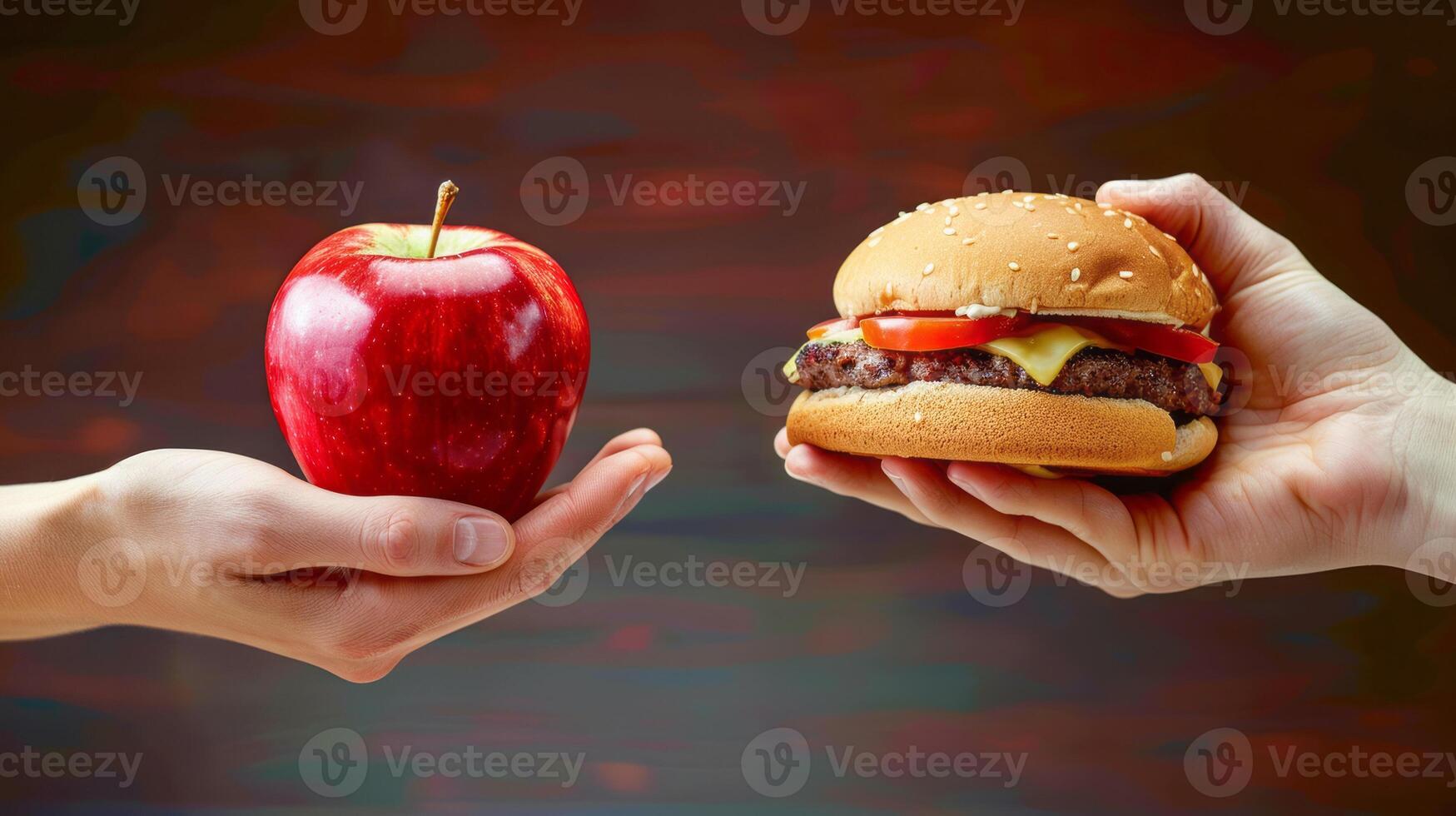 Hand offering a fresh red apple with a cheeseburger in focus photo