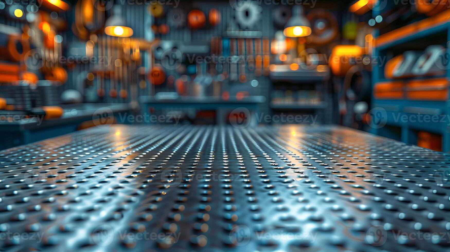 Industrial workshop with metal workbench and tools photo