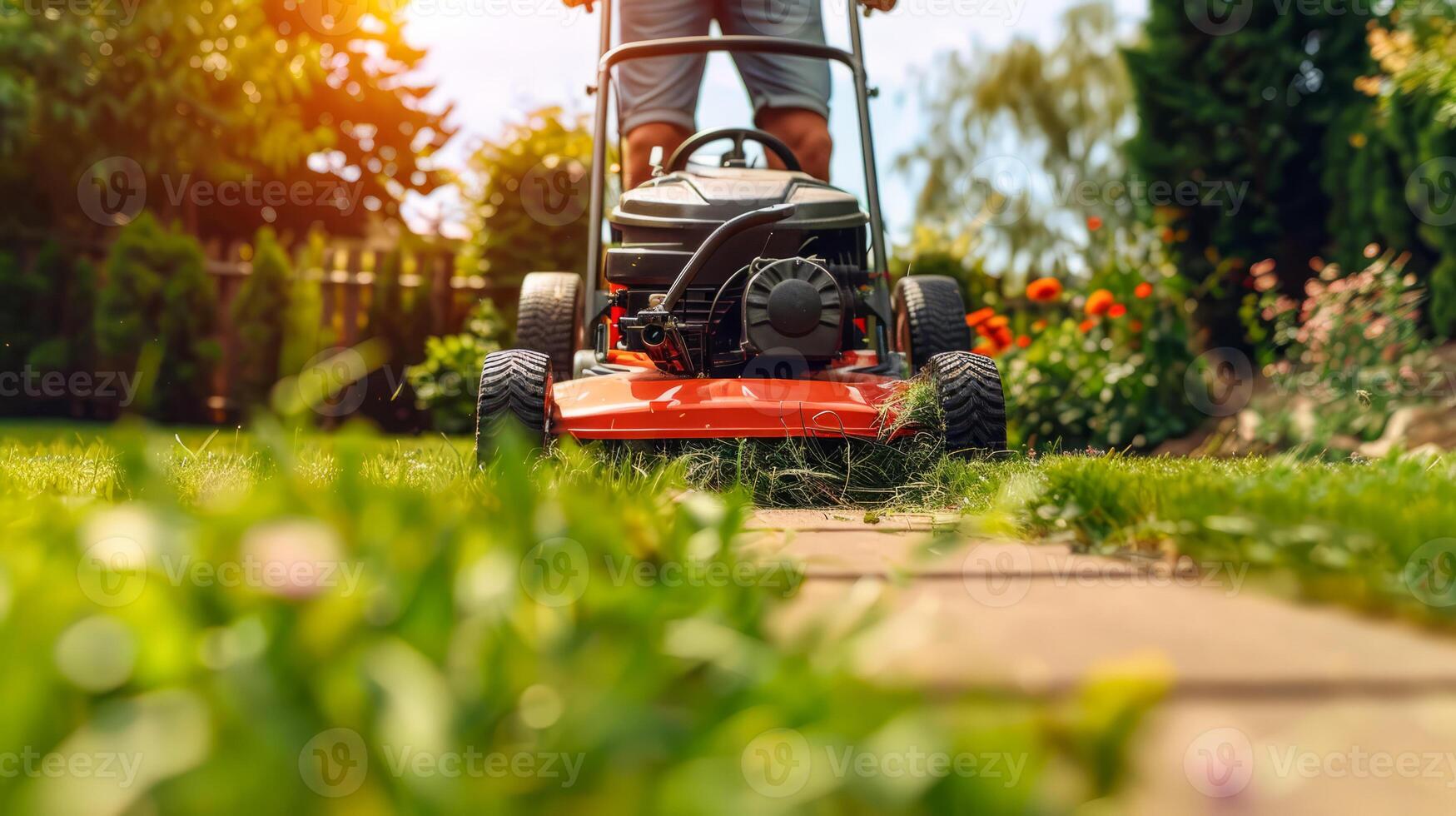 Low angle of a man mowing the lawn in a sunny garden photo