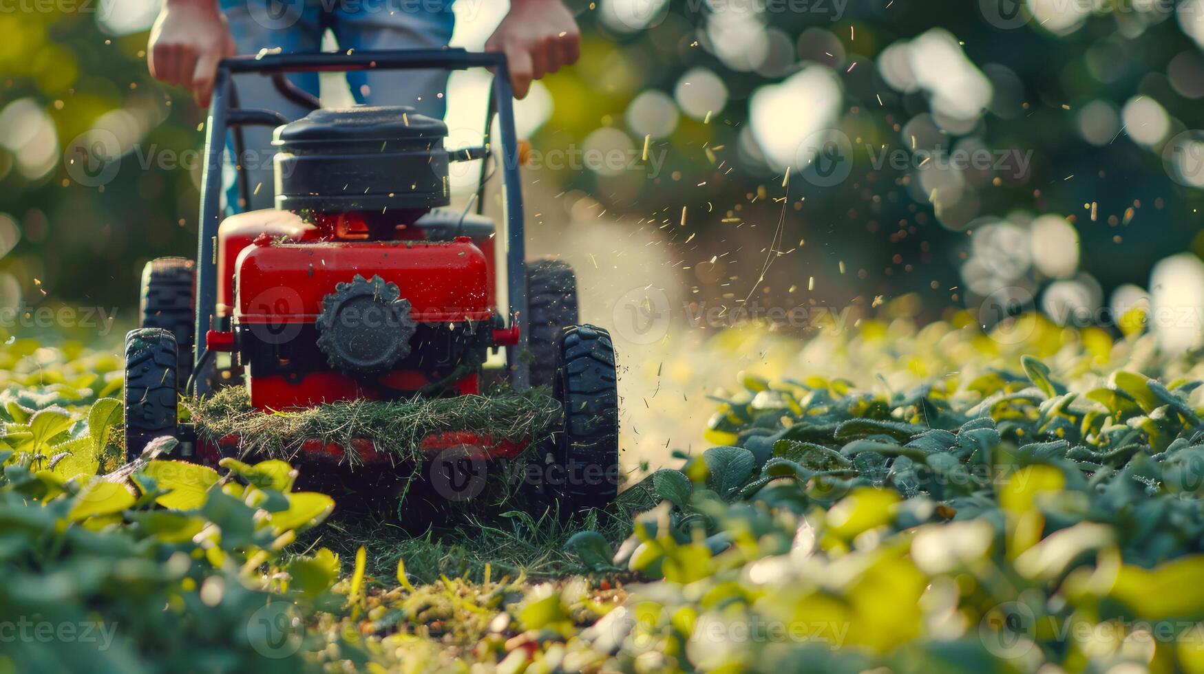 Close-up of a man mowing through dense garden plants photo