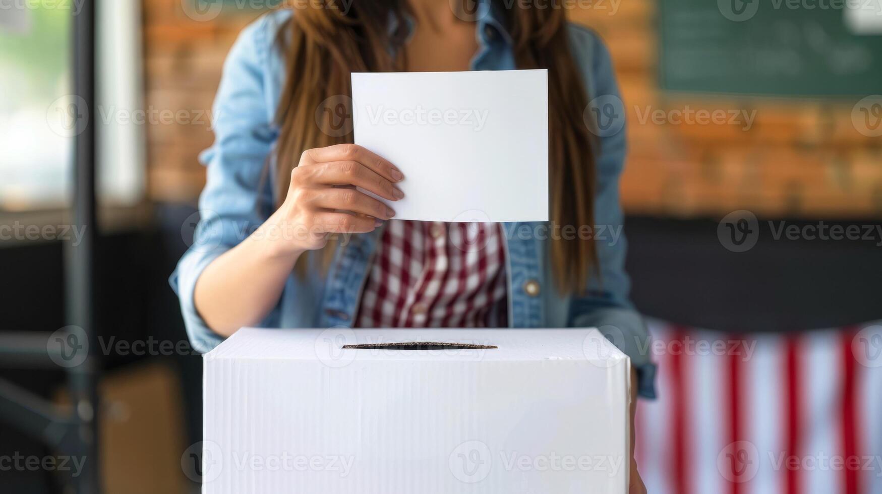 Woman casting vote in ballot box inside polling station photo
