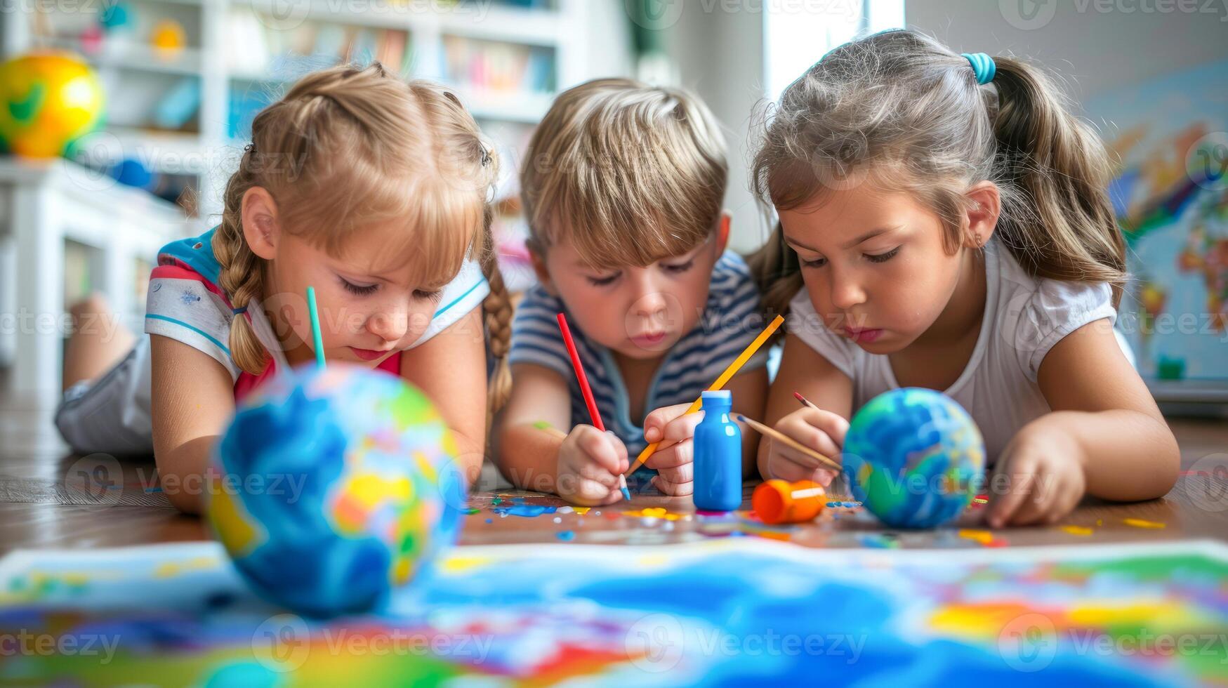 Children painting at home with globes and art supplies photo
