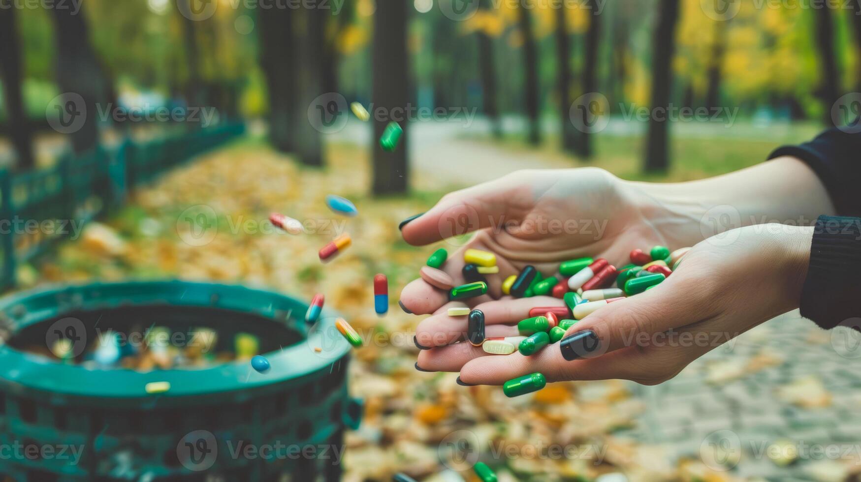 Throwing expired pills into a bin, female hands discarding medicine photo