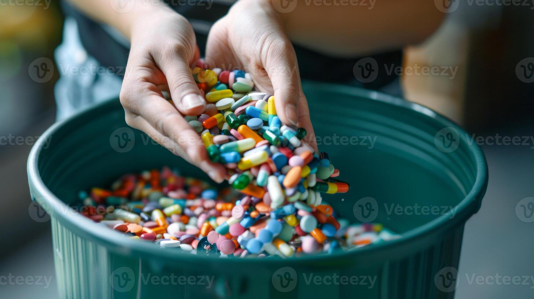 Woman's hands pouring expired pills into a green bin photo