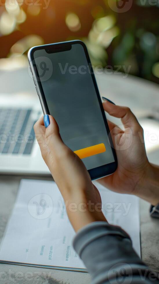 Businesswoman Using Smartphone for Work at a Desk with Laptop photo