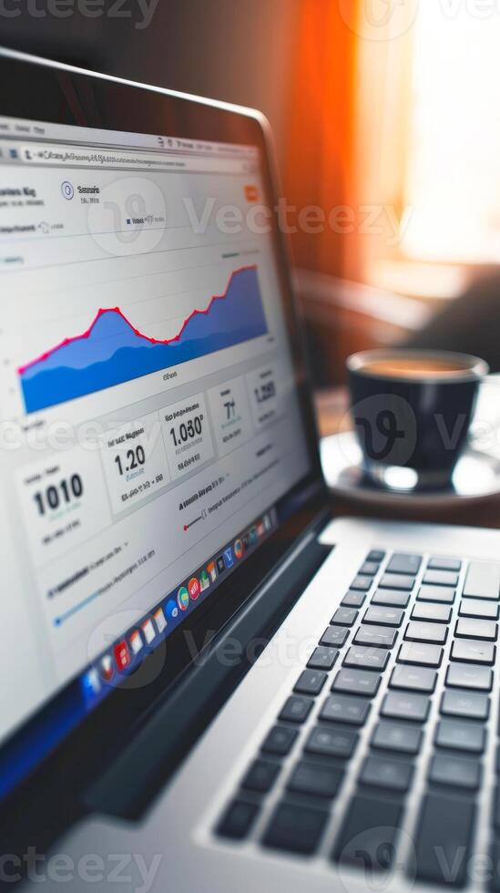 Analytical data on a laptop screen with a coffee cup photo