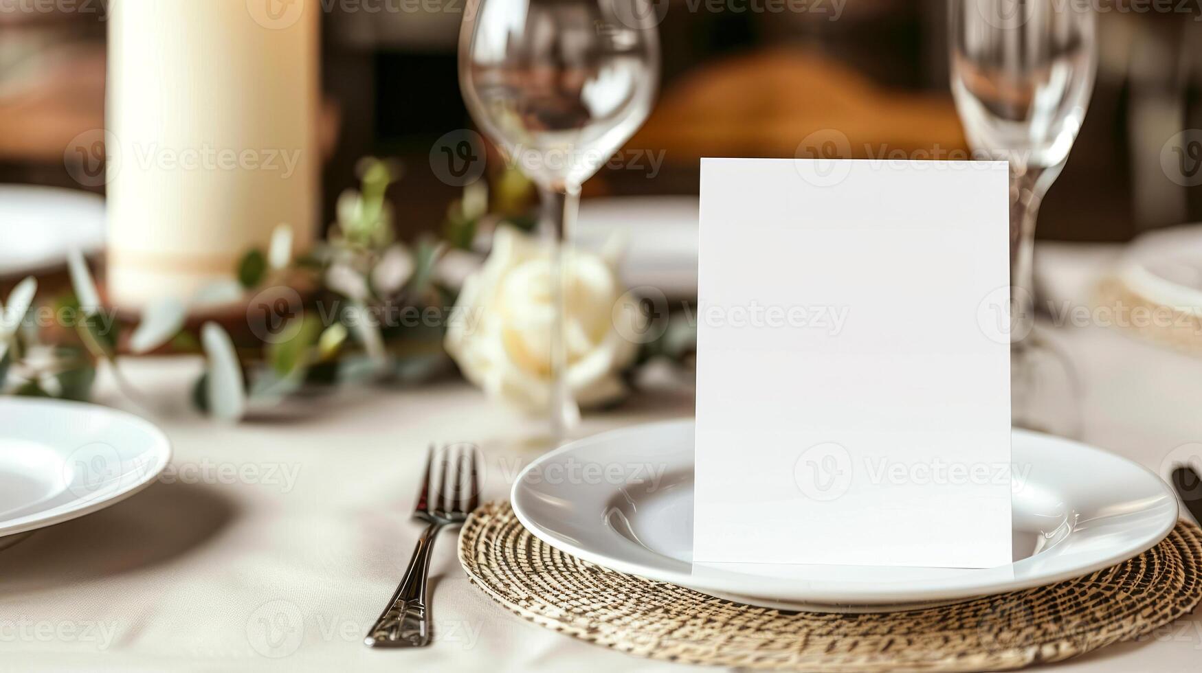 Elegant dining setup with blank place card for occasion photo