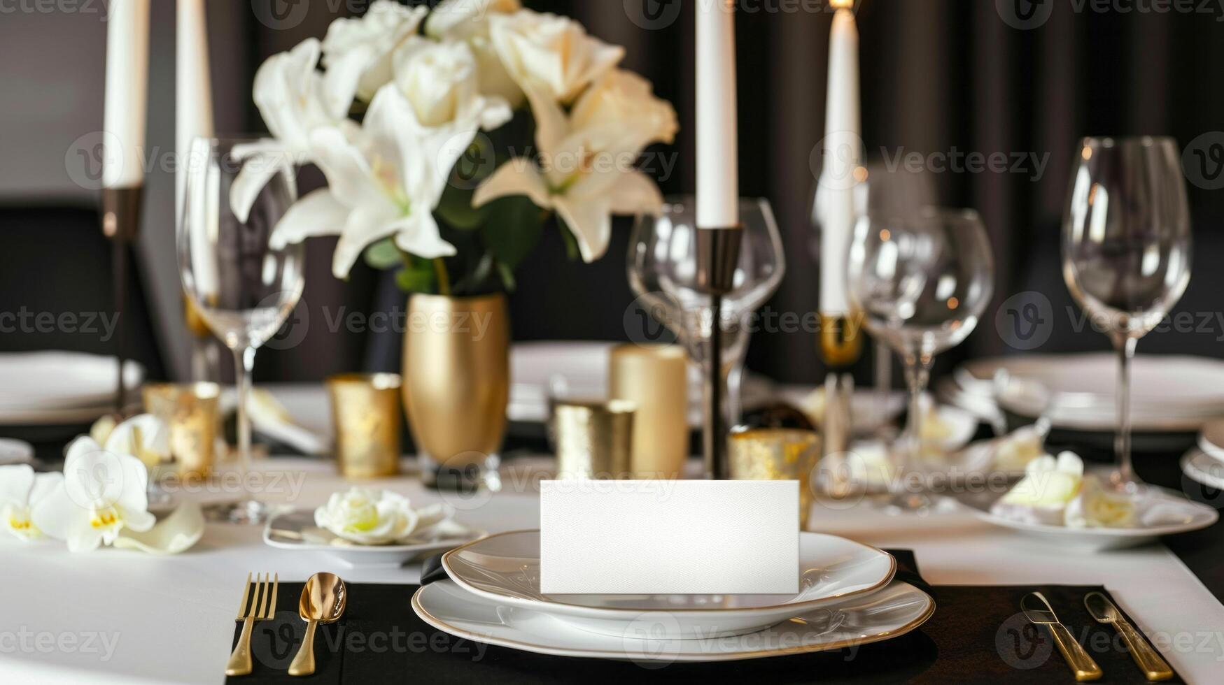 Luxurious table setup with blank place card for special occasion photo