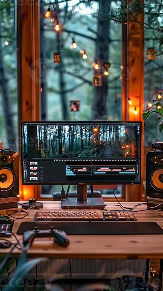 Scenic video editing workstation with forest view and string lights photo
