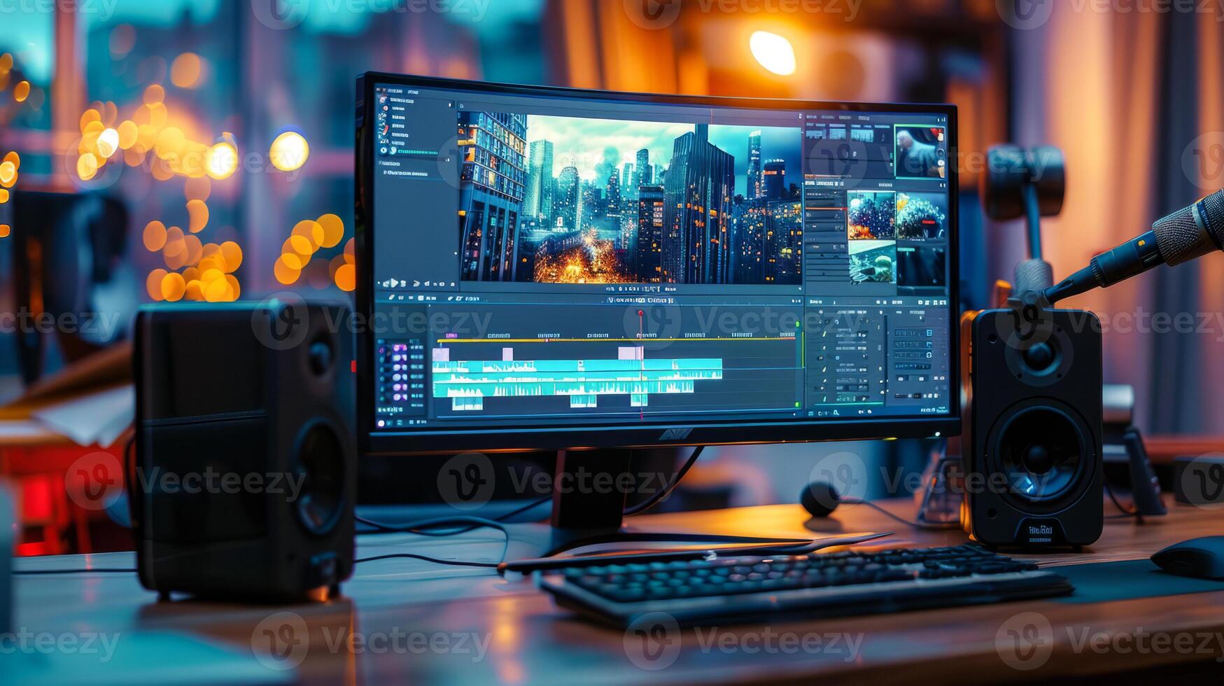 High-end video editing studio with cityscape on screen photo