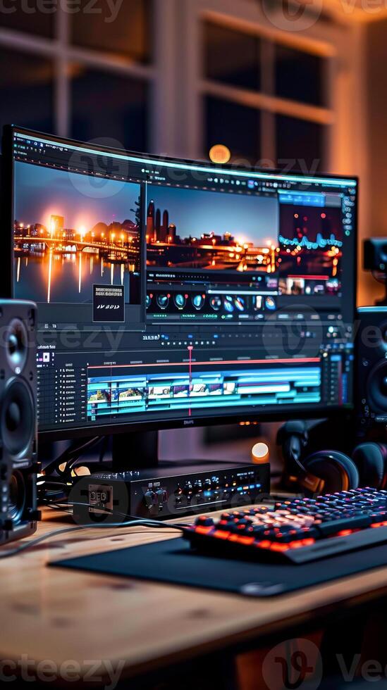 Dynamic video editing setup with vibrant city lights and audio equipment photo