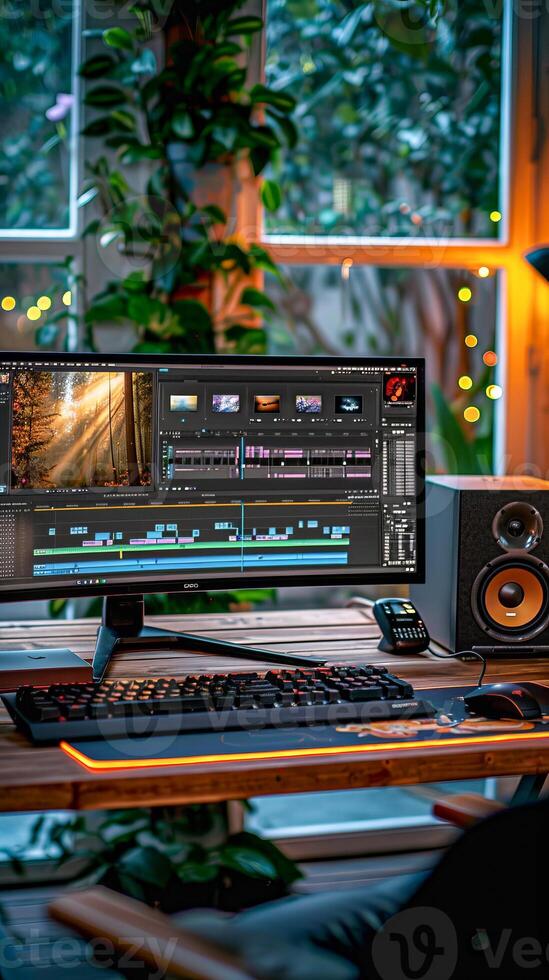 Bright and airy video editing setup with plants and natural light photo