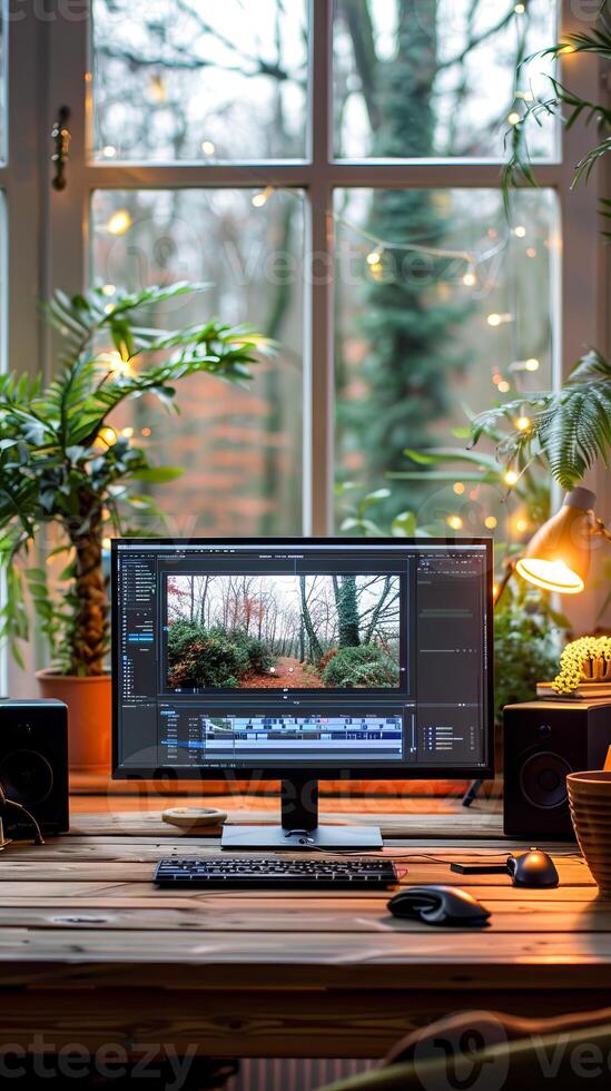Inspiring video editing desk with window view and cozy atmosphere photo