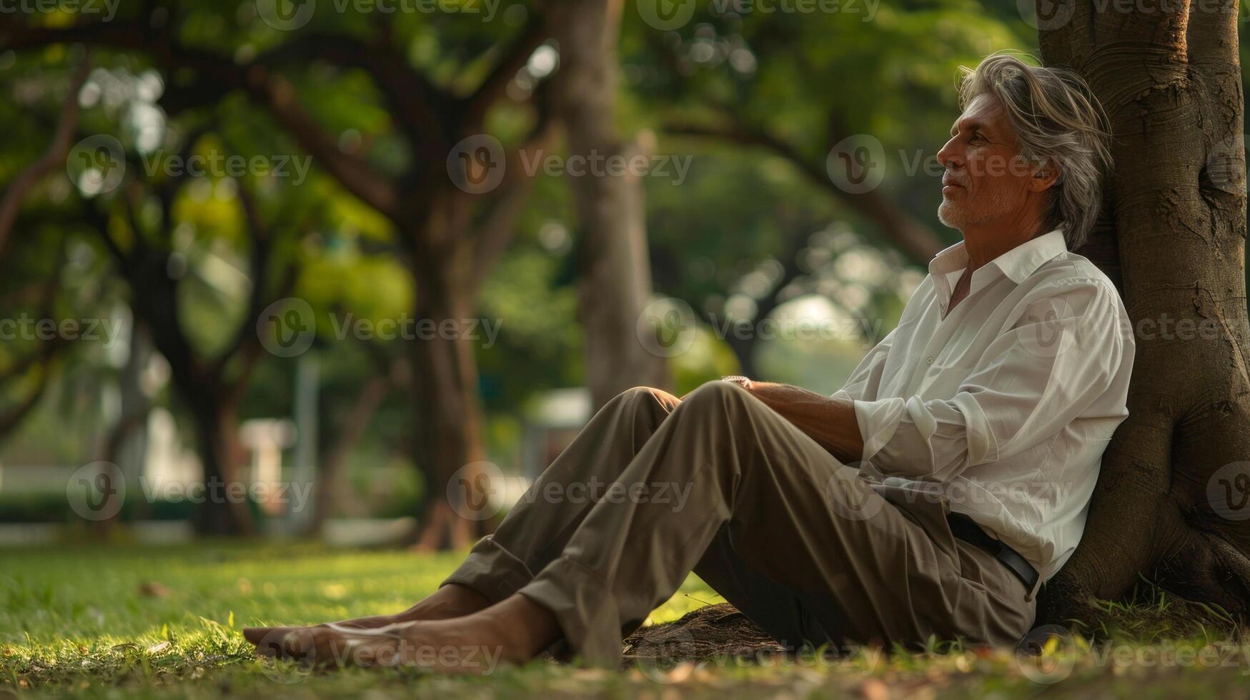 Mature businessman relaxing barefoot under tree in park photo