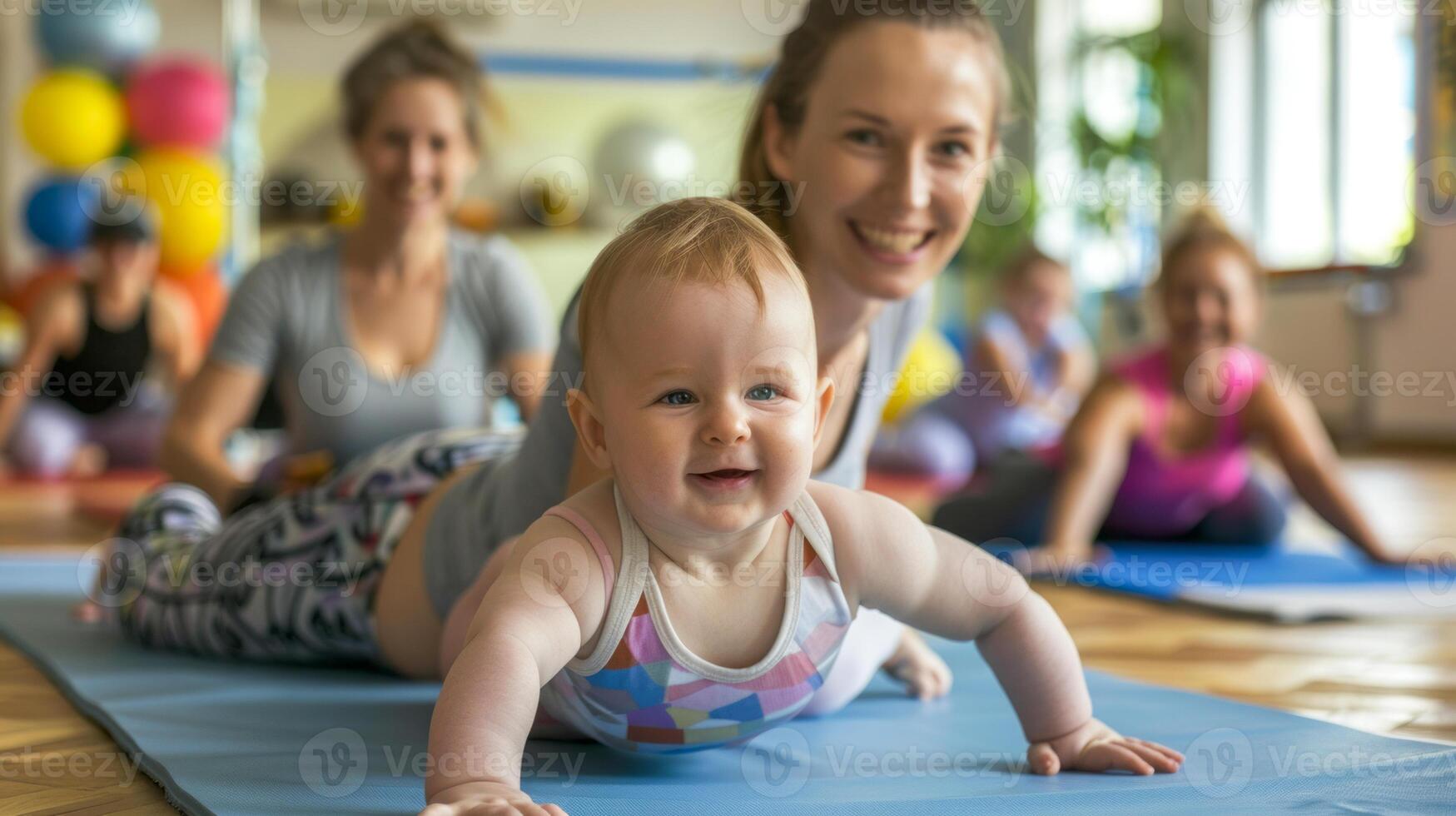 Mom and baby participating in fun group exercise session photo