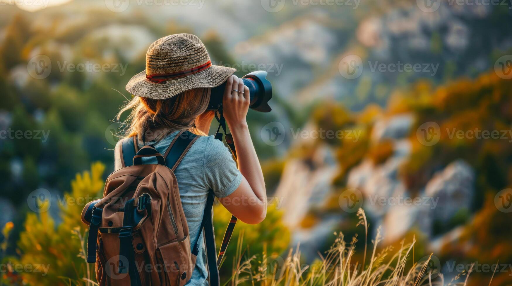Woman on vacation photographing scenic mountain view photo