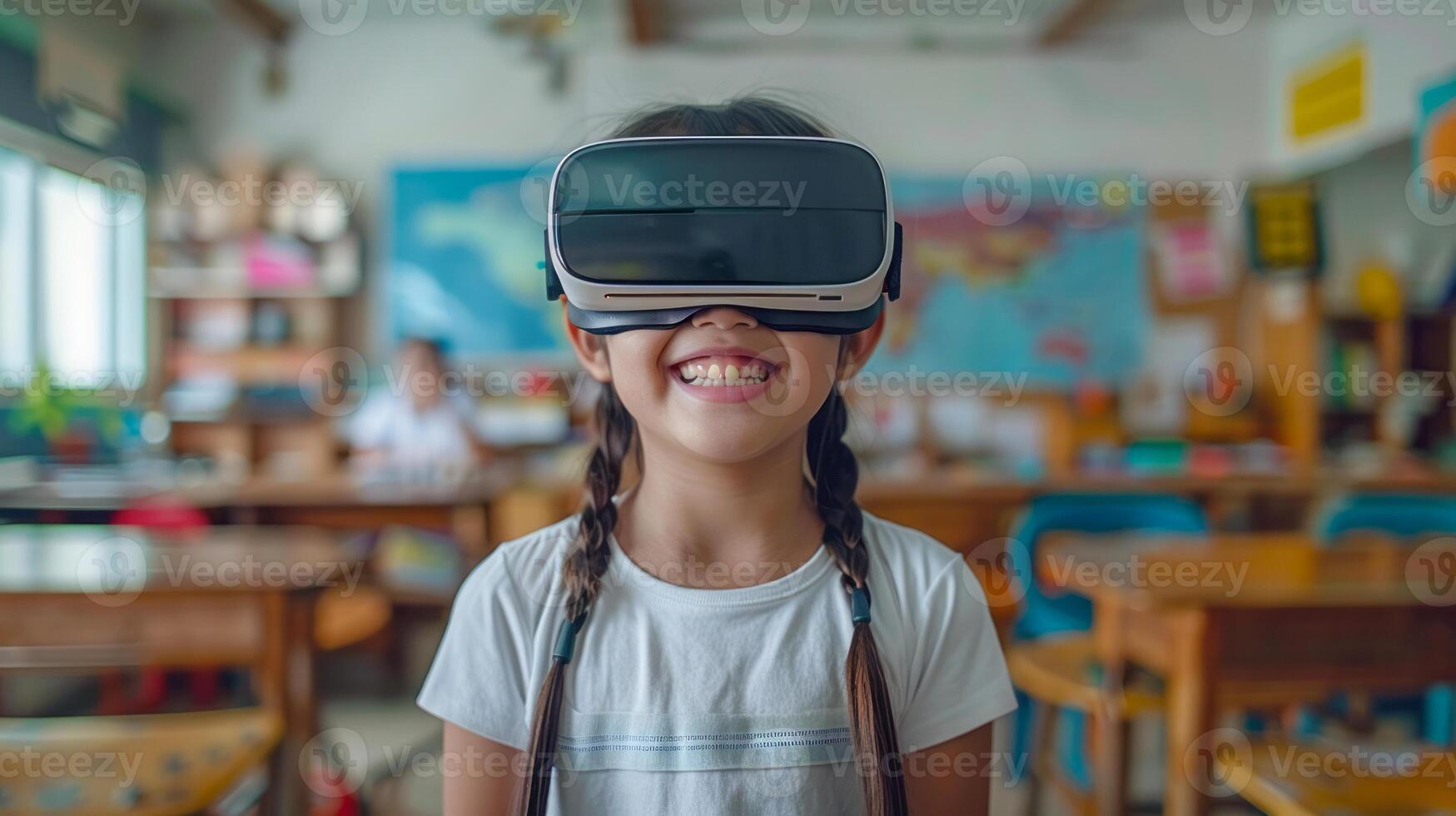 Happy student wearing VR headset in a classroom with a big smile photo