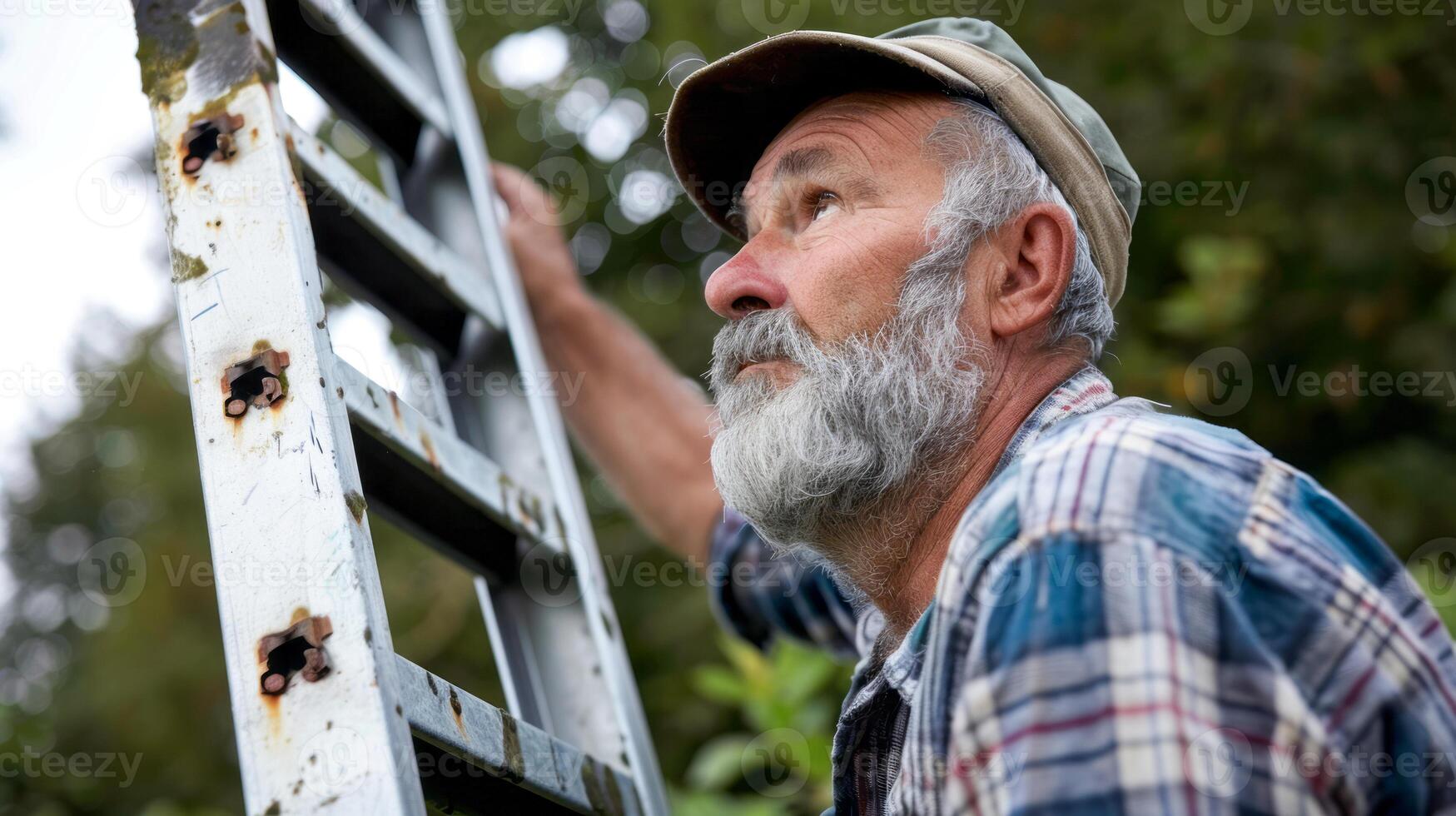 Mature man climbing up a ladder in a garden photo