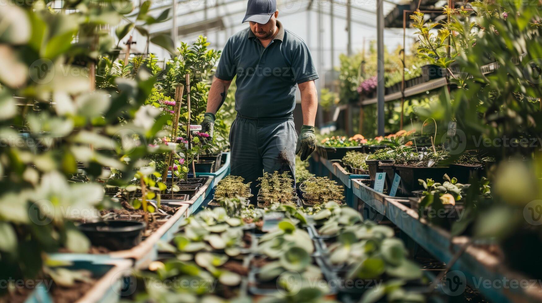Gardener inspecting plants in a small greenhouse business photo