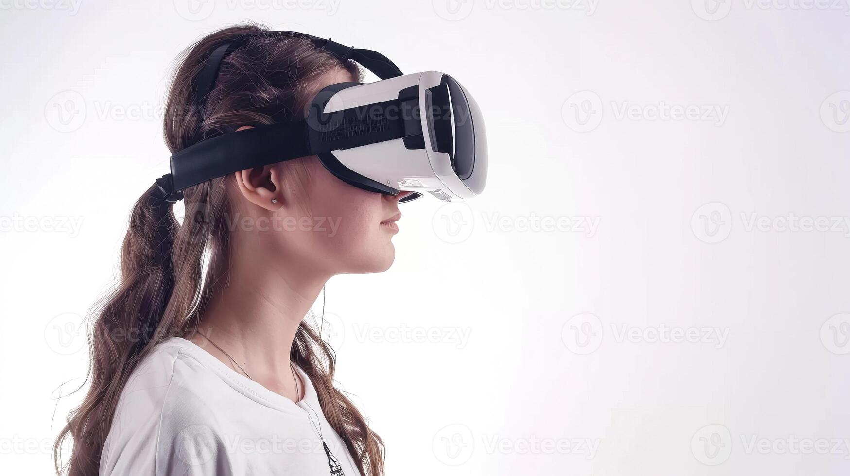 Teenage girl with VR headset exploring virtual reality photo
