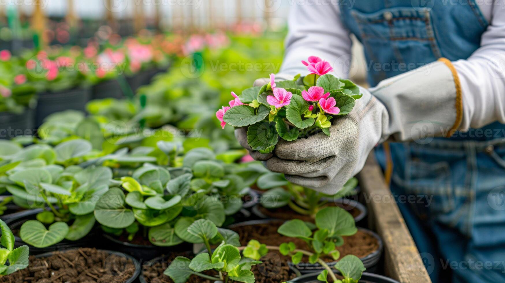 Gardener holding vibrant bedding plants photo