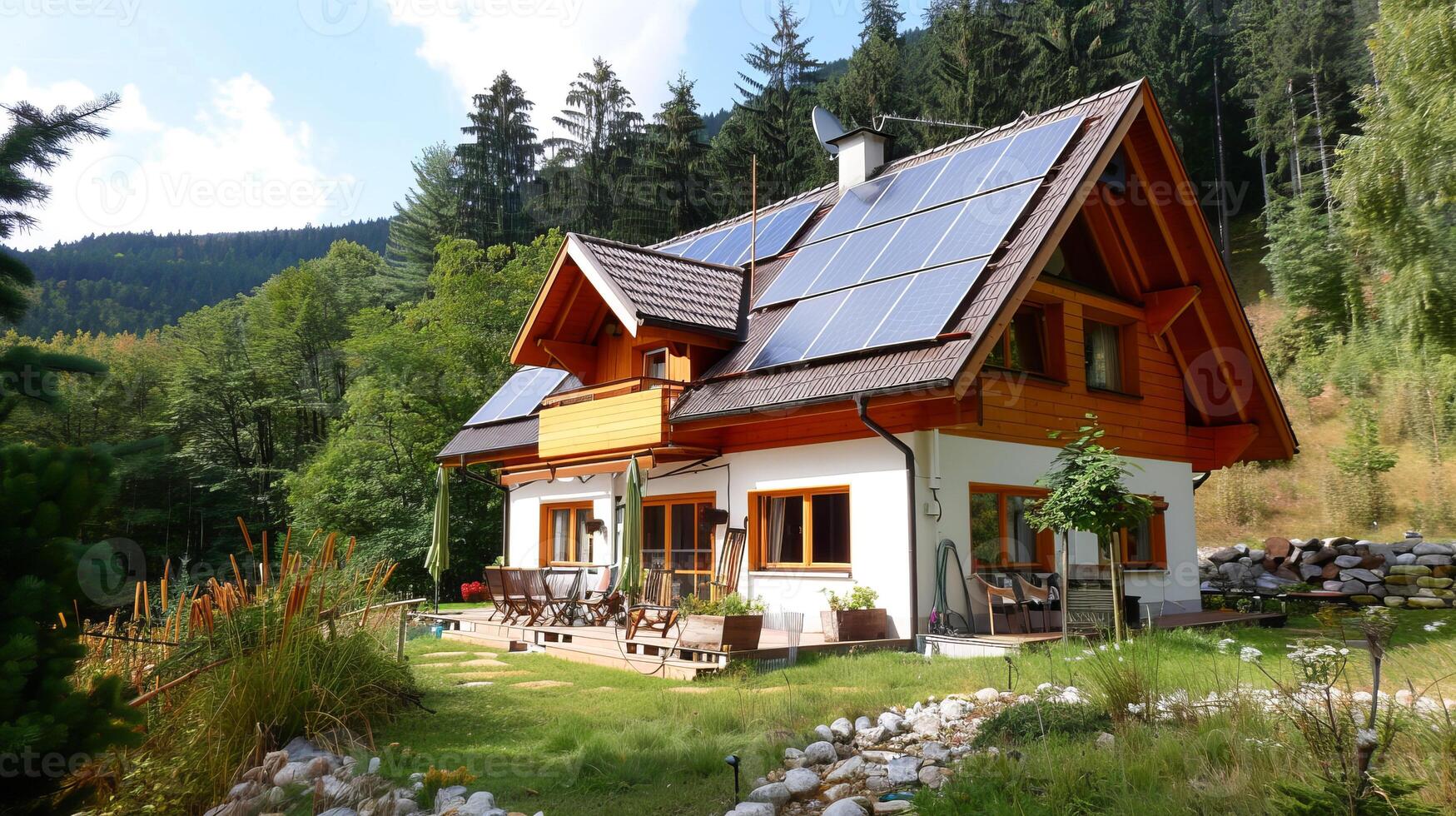 Eco-friendly family house with solar panels in the forest photo