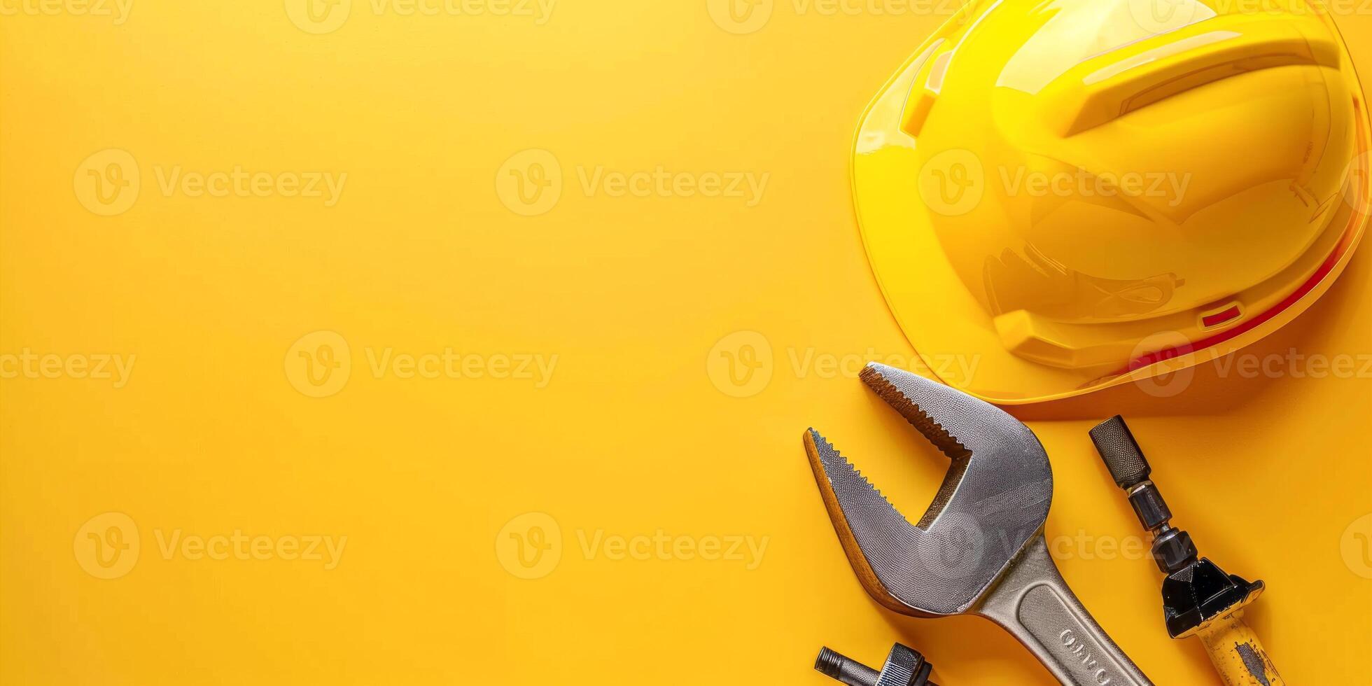 Minimalist Labor Day Theme with Hard Hat and Wrench on Yellow Background photo