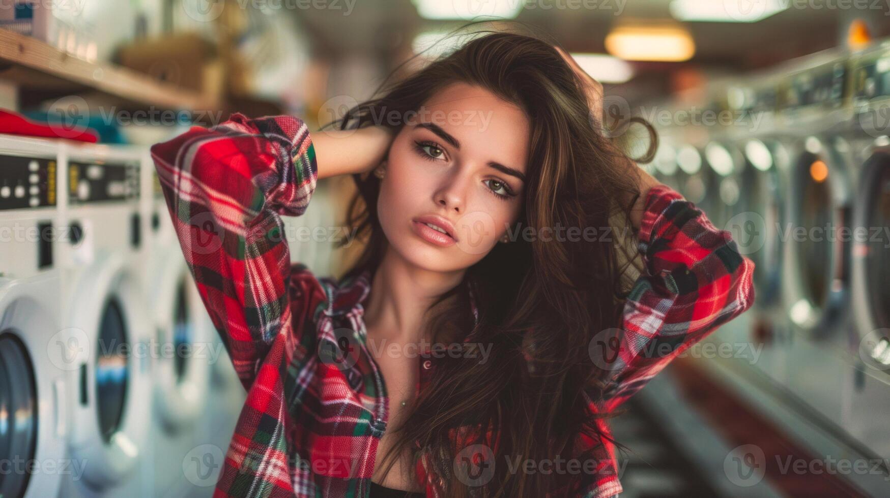 Stylish young woman in a red plaid shirt posing in a laundromat photo
