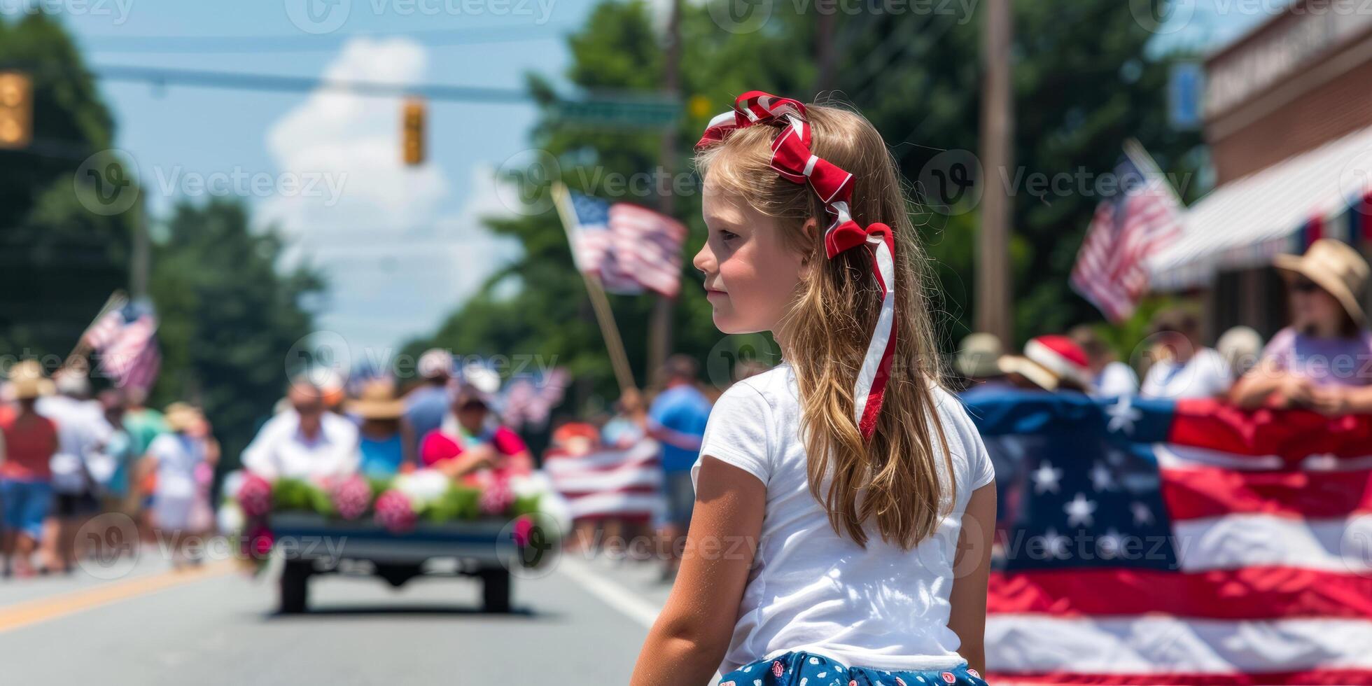 Little Girl at Fourth of July Parade with American Flags photo