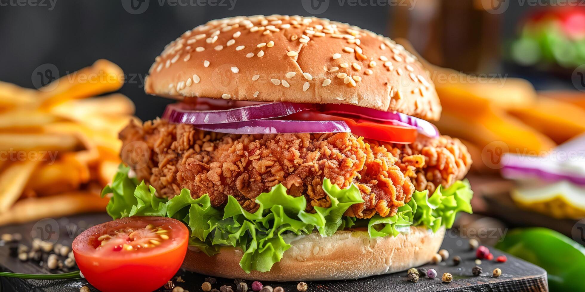 Delicious Crispy Chicken Burger with Fries photo