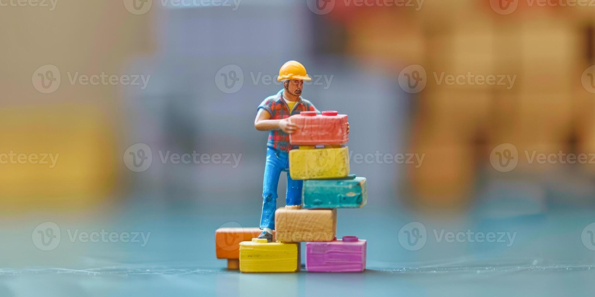Miniature construction worker building with blocks photo