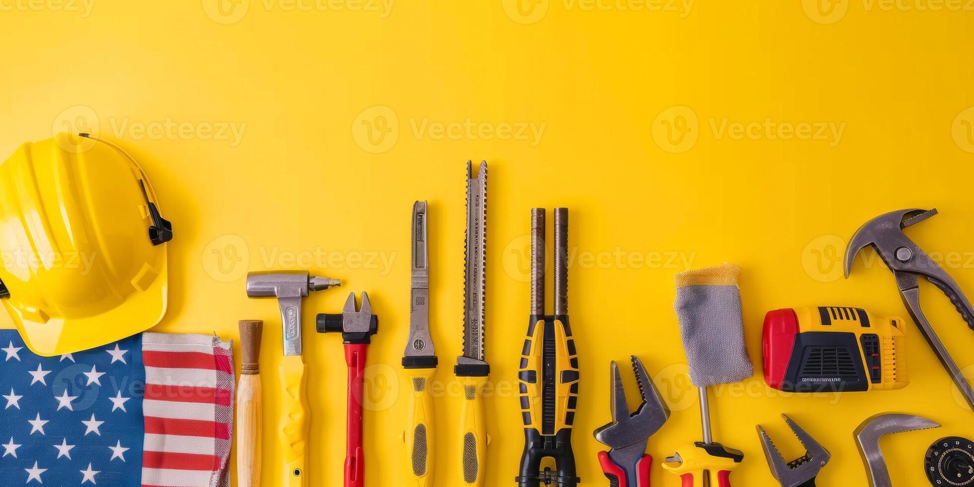 Bright Labor Day Background with Tools and American Flag on Yellow photo