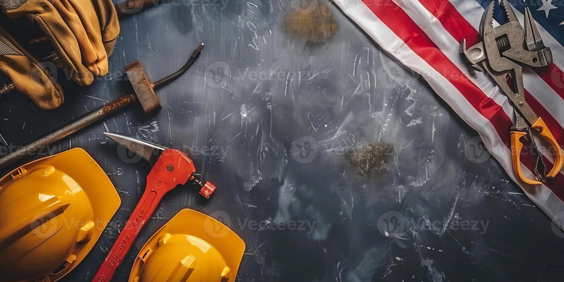 Rustic Labor Day Setup with Tools and American Flag on Dark Surface photo