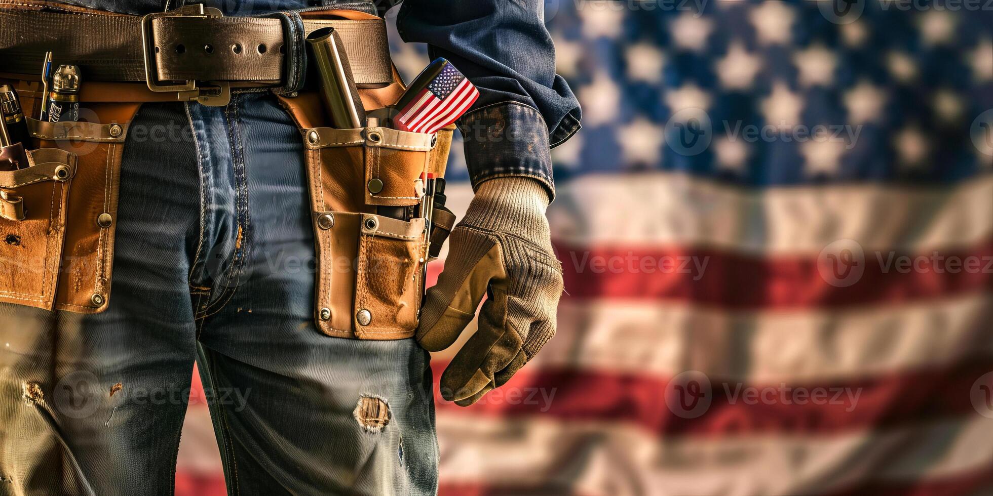 Carpenter Wearing Toolbelt and Gloves, American Flag in Background photo