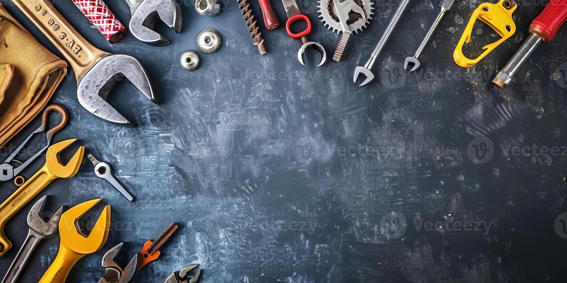 Industrial Labor Day Scene with Tools and American Flag on Chalkboard photo