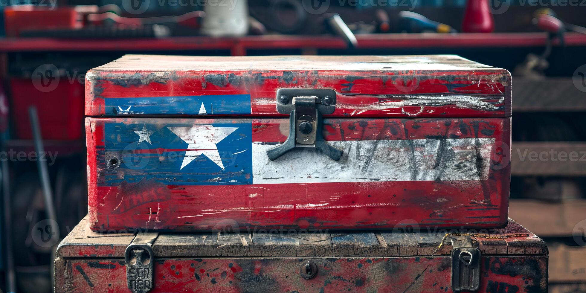 Rustic toolbox with Liberian flag design photo