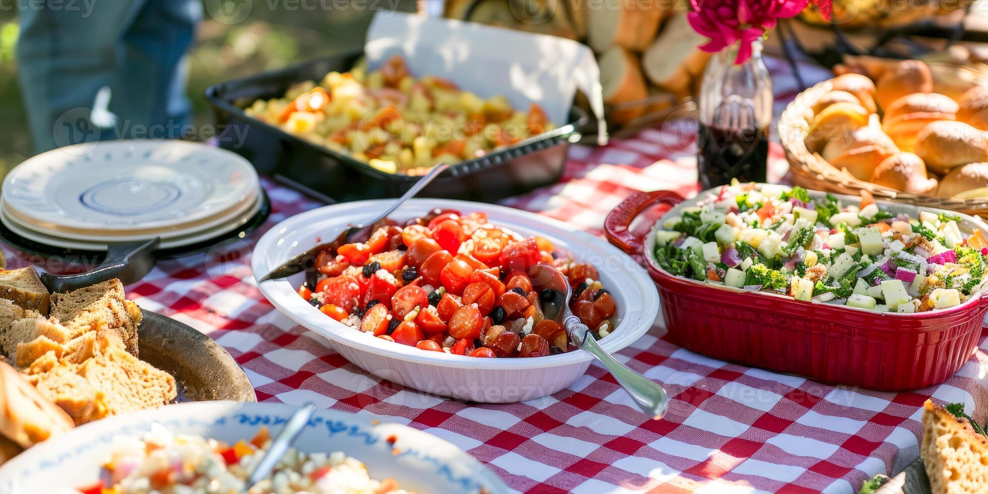 Large assortment of dishes on a food table at a picnic photo