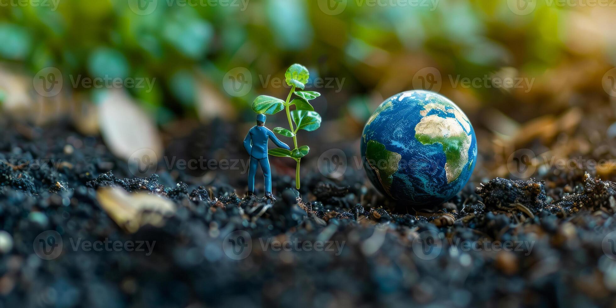 Miniature figure nurturing plant with Earth in background photo