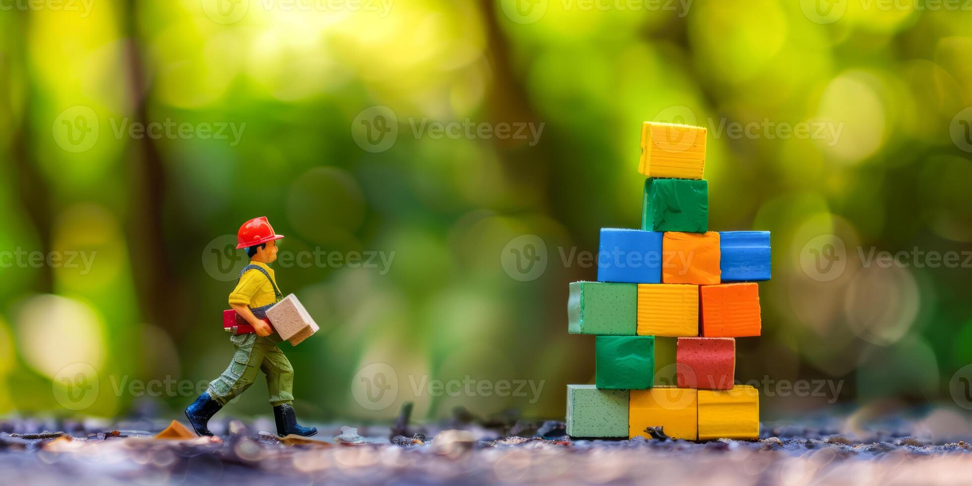 Tiny worker stacking colorful wooden blocks photo