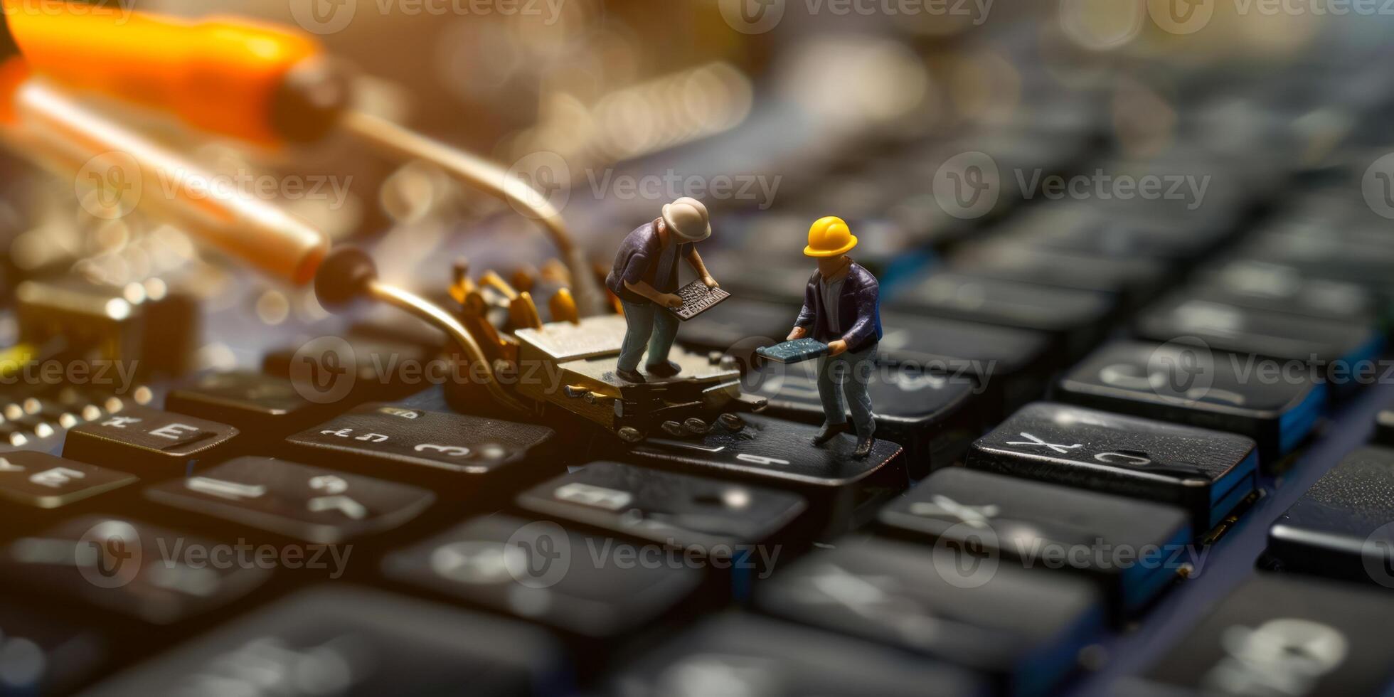 Miniature technicians repairing laptop keyboard, close-up photo