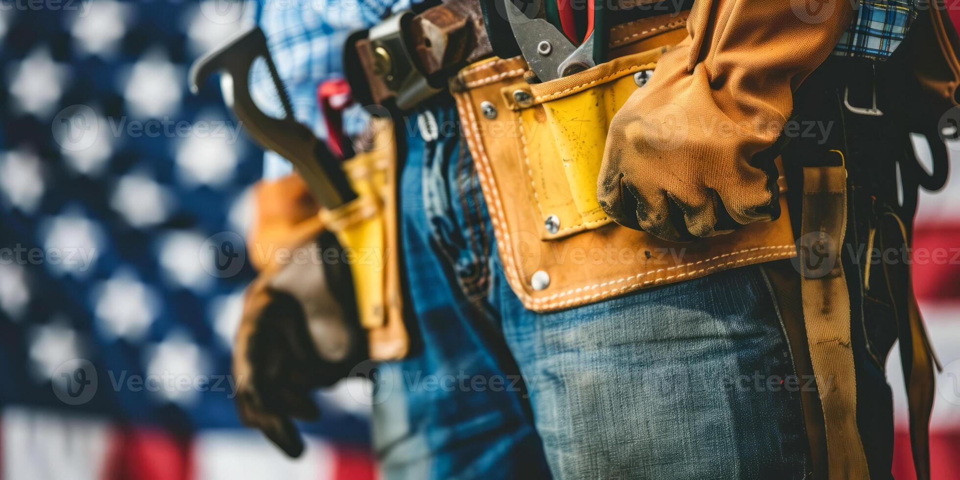 Partial view of workman with tool belt and pliers against American flag photo