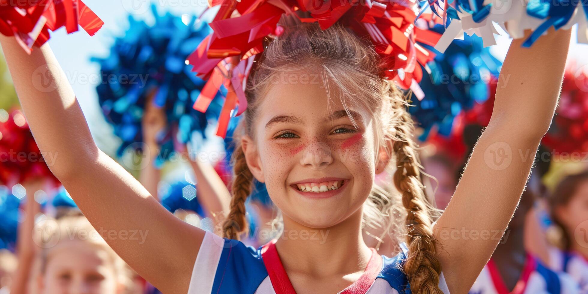 Energetic Cheerleaders with Red, White, and Blue Pom Poms at Outdoor Event photo